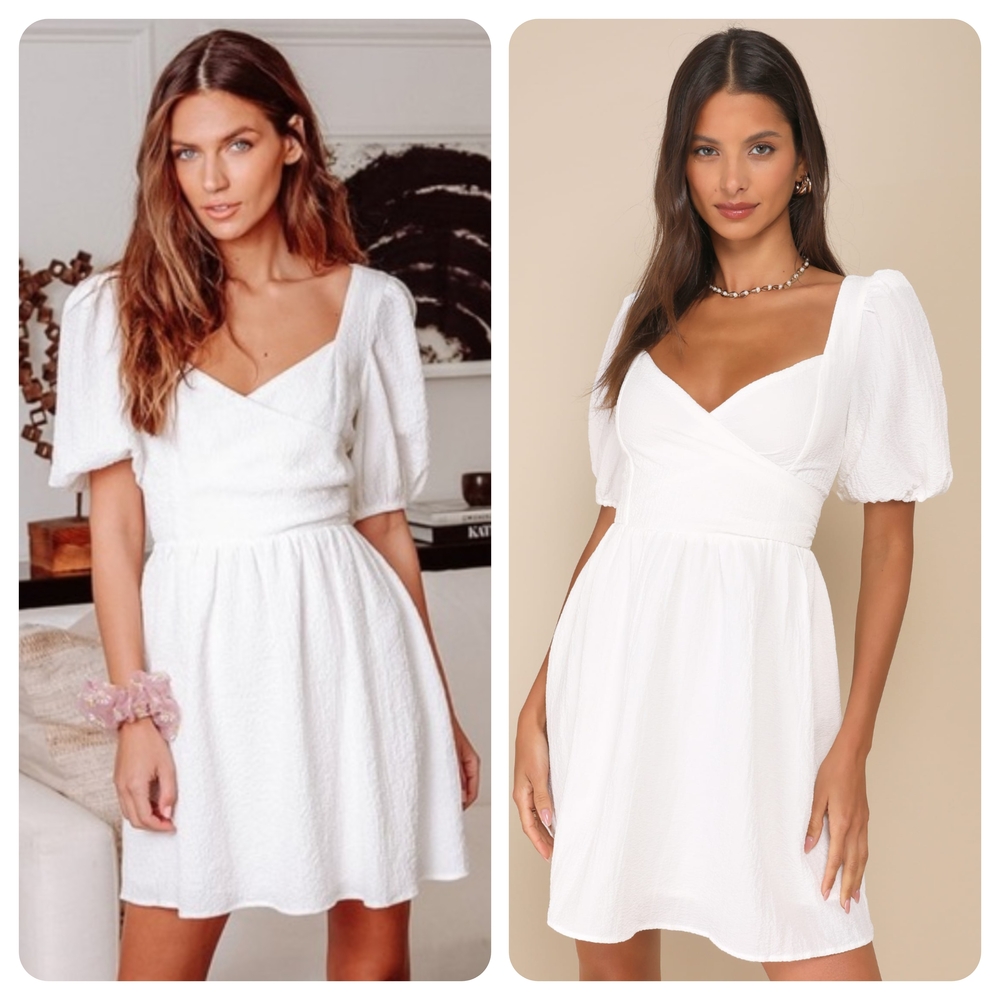 Lulus Little Bit In Love Surplice White Puff Sleeve V Neck Mini Dress M
